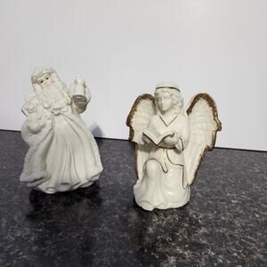 White Ceramic Angel w/Bible, Gold Trim + Santa has Bell, Bear 2 Figurines 6-5.5"